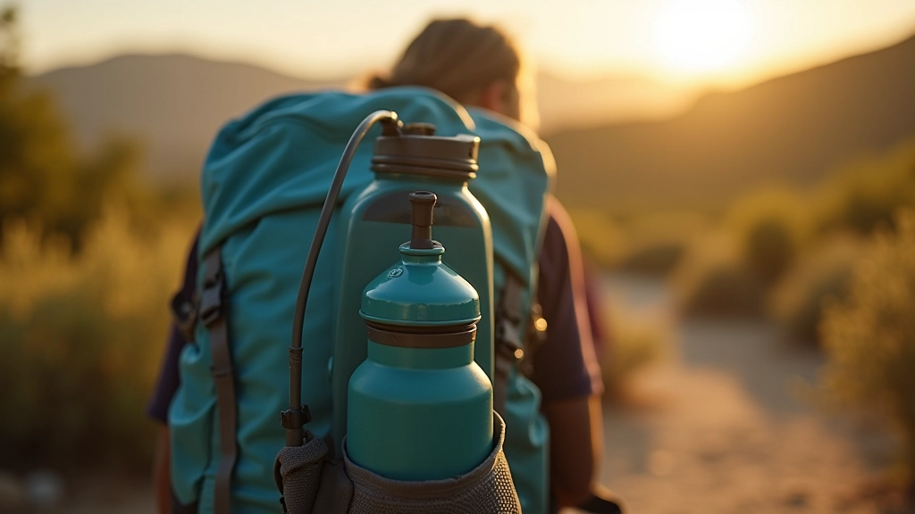 Botellas de agua y cantimploras en una mochila de senderista, listos para una caminata segura