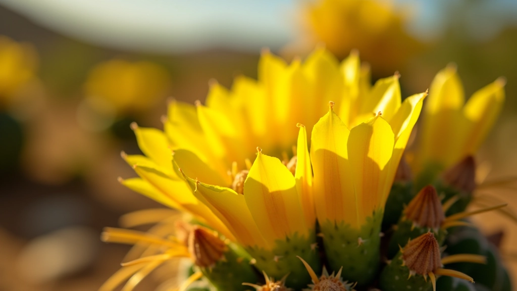 Detalle de flores amarillas de cactus en floración, primer plano de espinas y pétalos en el Bosque Seco