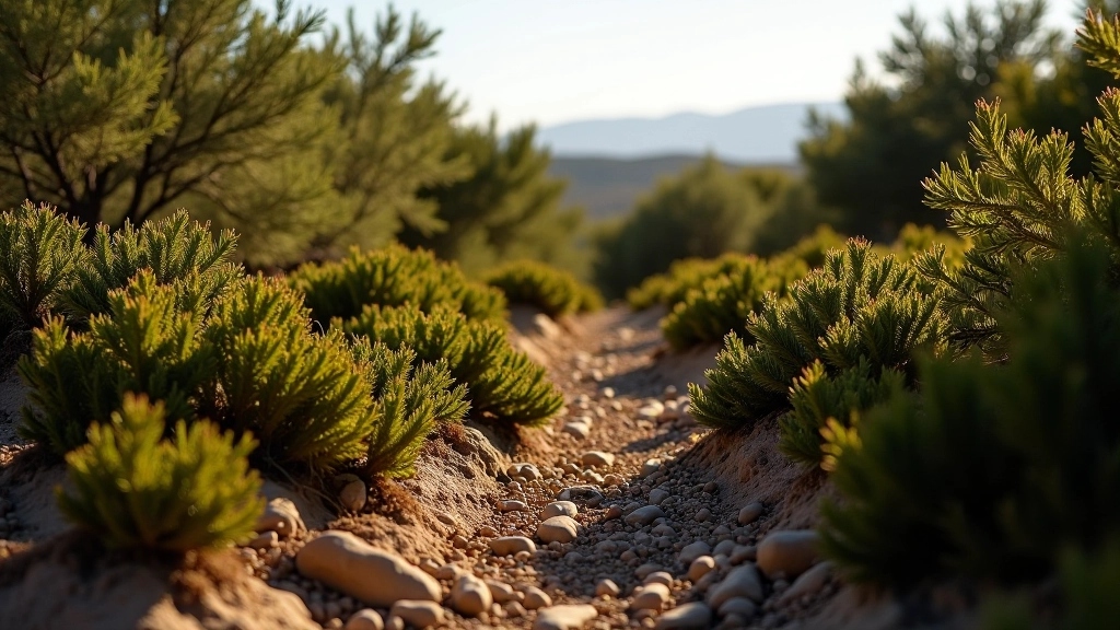 Arbustos con hojas pequeñas verde grisáceo en terreno rocoso del bosque seco bajo el sol intenso