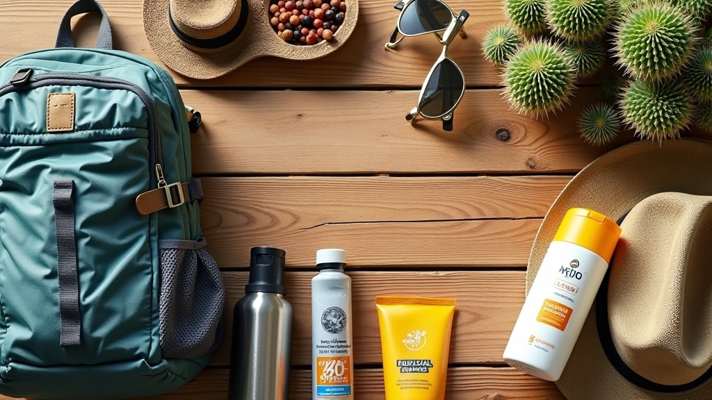 Mochila de senderismo con botella de agua, sombrero, gafas de sol y bloqueador solar dispuestos en mesa de madera, luz natural