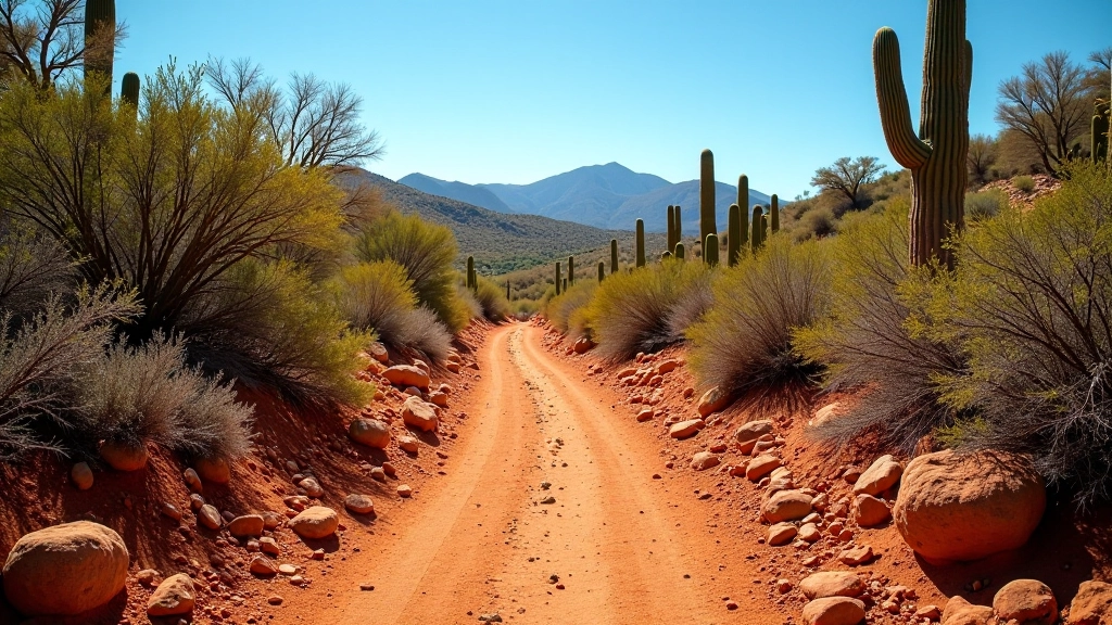 Sendero de tierra roja entre arbustos espinosos y cactus bajo el sol brillante del Bosque Seco