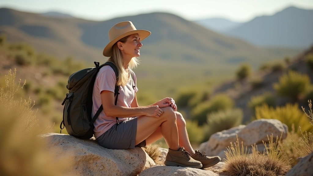 Persona mayor con sombrero y mochila descansando sentada en una roca, observando el paisaje desértico