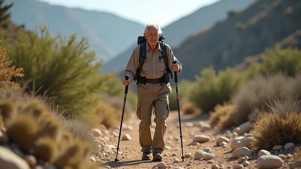 Persona mayor usando un bastón de senderismo en un sendero rocoso para mayor estabilidad