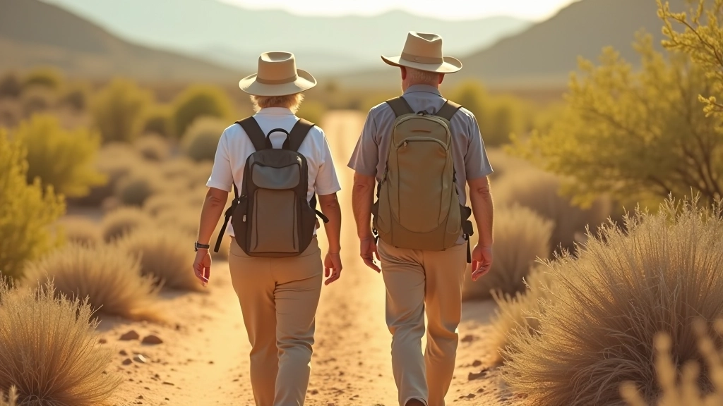 Dos personas mayores caminando juntas en un sendero del bosque seco, usando mochilas y sombreros de protección